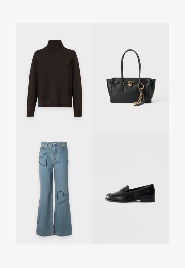 Black knitted turtleneck sweater featuring ribbed accents at the collar, cuffs, and hem; has a relaxed fit and textured surface.; White cropped T-shirt made of cotton, featuring short sleeves and "MICHAEL KORS" logo in matching embroidered text across the front.; Light blue denim flared jeans featuring two dark blue heart patches on the front. Classic five-pocket design with a button closure.; Black leather loafer with low heel and gold decorative emblem on the strap, displayed on a plain light gray background.; Black leather handbag with double handles, gold lock and chain detail, and black-and-white tassel accessory against white background.