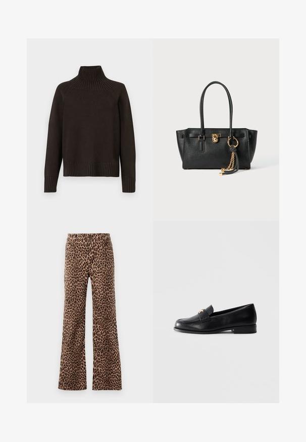 Suéter de gola alta em malha preta com detalhes canelados na gola, mangas e barra; possui um corte relaxado e uma superfície texturizada.; T-shirt branca cropped feita de algodão, com mangas curtas e o logótipo "MICHAEL KORS" em texto bordado correspondente na parte da frente.; Calças de perna larga em padrão de leopardo, em bege e preto, com uma textura suave e bainha afunilada. Design com cintura padrão e bolsos.; Sapo de couro preto tipo loafer com salto baixo e emblema decorativo dourado na tira, exibido sobre um fundo cinza claro liso.; Bolsa de pele preta com alças duplas, fecho dourado e detalhe em corrente, além de um acessório de tassel preto e branco, contra um fundo branco.