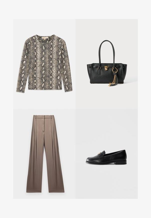 Pulover negru din tricot cu guler înalt, cu accente cu nervuri la guler, mânici și tiv; are o croială lejeră și o suprafață texturată.; Bluză cu mâneci lungi, prezentând un model cu imprimeu de șarpe în nuanțe de bej și negru. Guler rotund și țesătură texturată cu o finisare moale.; Pantaloni cu picioare largi într-o nuanță de taupe moale, realizați dintr-un material neted cu un finisaj satinat. Au o talie croită și pliseuri subtile.; Mocasini negri din piele cu toc mic și emblemă decorativă aurie pe curea, expuși pe un fundal simplu de gri deschis.; Geantă de mână din piele neagră cu mânere duble, lacăt aurit și detalii cu lanț, împreună cu un accesoriu cu ciucuri alb-negru, pe fond alb.