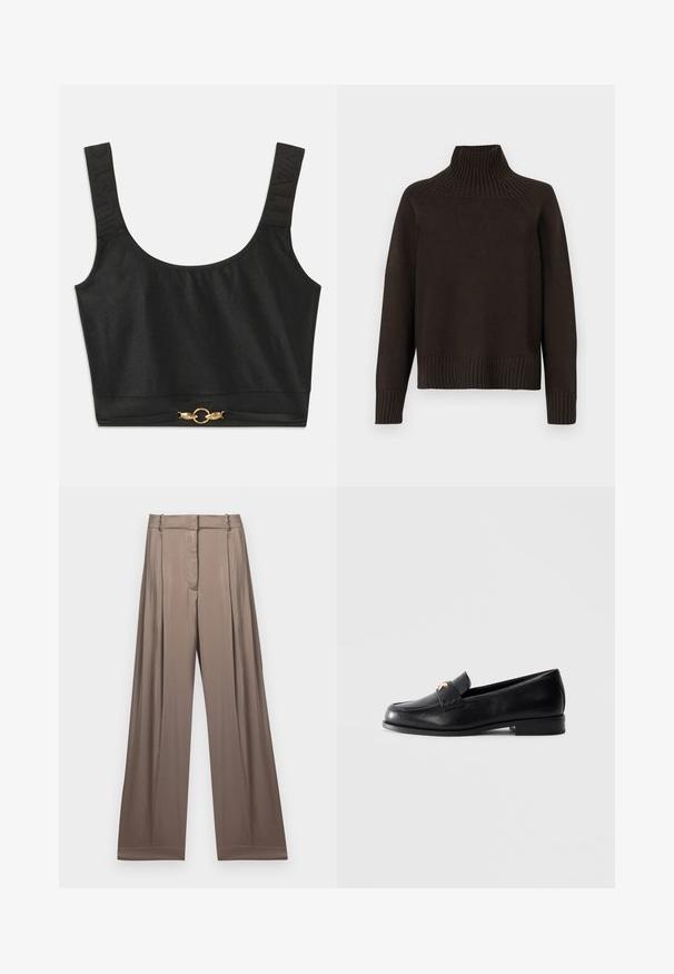 Črn pleten pulover s turtleneck ovratnikom, ki ima rebraste akcentne detajle na ovratniku, manšetah in robu; ima sproščen kroj in teksturirano površino.; Črn skrajšan top z širokimi naramnicami; teksturirane naramnice z odtisnjenim napisom "JUST"; vsebuje zlat ton krožne okrasne dele na robu.; Široke hlače v utišanem taupe odtenku, narejene iz gladke tkanine s satenskim finišem. Imajo oblikovano pasnico in subtilne plise.; Črne usnjene loafers čevlje z nizko peto in zlatim dekorativnim emblemom na traku, prikazani na enostavni svetlo sivi ozadju.