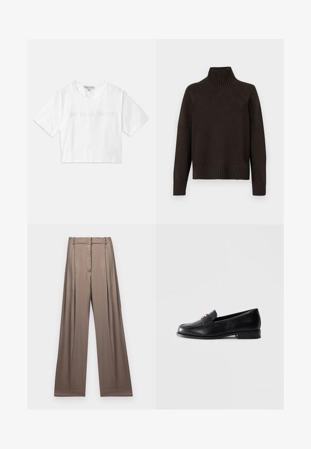 Suéter de gola alta em malha preta com detalhes canelados na gola, mangas e barra; possui um corte relaxado e uma superfície texturizada.; T-shirt branca cropped feita de algodão, com mangas curtas e o logótipo "MICHAEL KORS" em texto bordado correspondente na parte da frente.; Calças de perna larga numa cor taupe suave, feitas de um tecido liso com acabamento em cetim. Apresentam uma cintura bem ajustada e pregas subtis.; Sapo de couro preto tipo loafer com salto baixo e emblema decorativo dourado na tira, exibido sobre um fundo cinza claro liso.