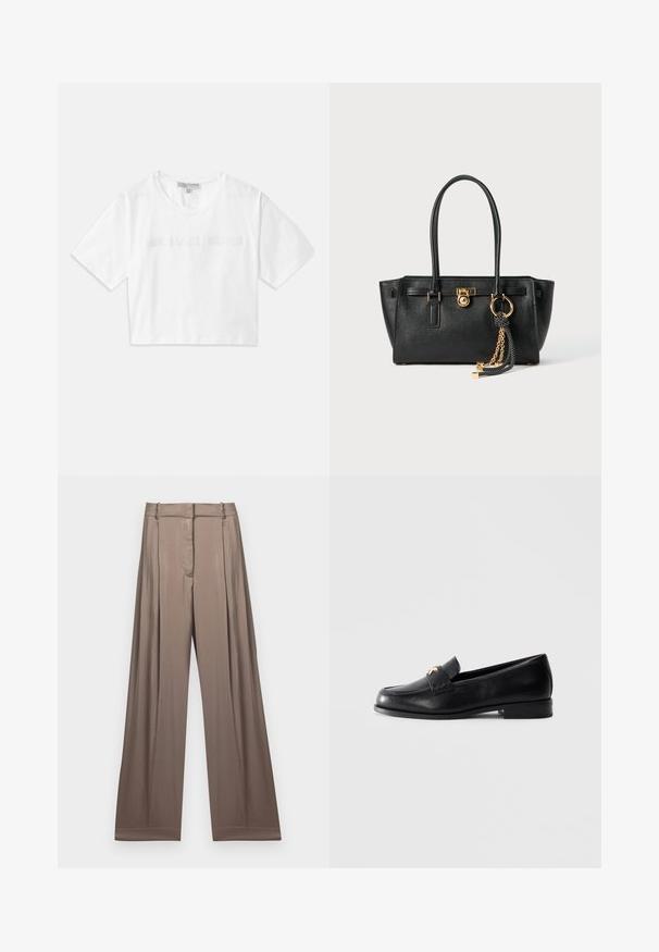 Zwarte gebreide coltrui met geribbelde accenten bij de kraag, mouwen en onderrand; heeft een losse pasvorm en een gestructureerd oppervlak.; Witte cropped T-shirt van katoen, met korte mouwen en het "MICHAEL KORS" logo in bijpassende geborduurde tekst over de voorkant.; Wijduitlopende broeken in een gedempt taupe kleur, gemaakt van een gladde stof met een satijnen afwerking. Heeft een op maat gemaakte tailleband en subtiele plooien.; Zwarte leren instapper met lage hak en gouden decoratief embleem op de band, gepresenteerd tegen een effen lichtgrijze achtergrond.; Zwarte leren handtas met dubbele handgrepen, gouden slot en kettingdetail, en zwart-witte franjer accent tegen een witte achtergrond.