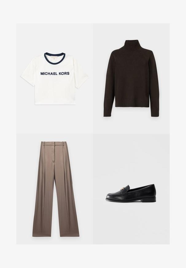 Czarny sweter z golfem wykonany z dzianiny, z akcentami w prążki na kołnierzu, mankietach i dolnej krawędzi; ma luźny krój i teksturowaną powierzchnię.; Przycięta biała koszulka z granatowym dekoltem, z napisem "MICHAEL KORS" drukowanym w granacie. Wykonana z miękkiej bawełny, z krótkimi rękawami.; Szerokie spodnie w stonowanym odcieniu taupe, wykonane z gładkiego materiału o satynowym wykończeniu. Posiadają dopasowany pas i subtelne fałdy.; Czarna skórzana mokasyna z niskim obcasem i złotą ozdobną emblematą na pasku, wyeksponowana na jednolitym jasnoszarym tle.