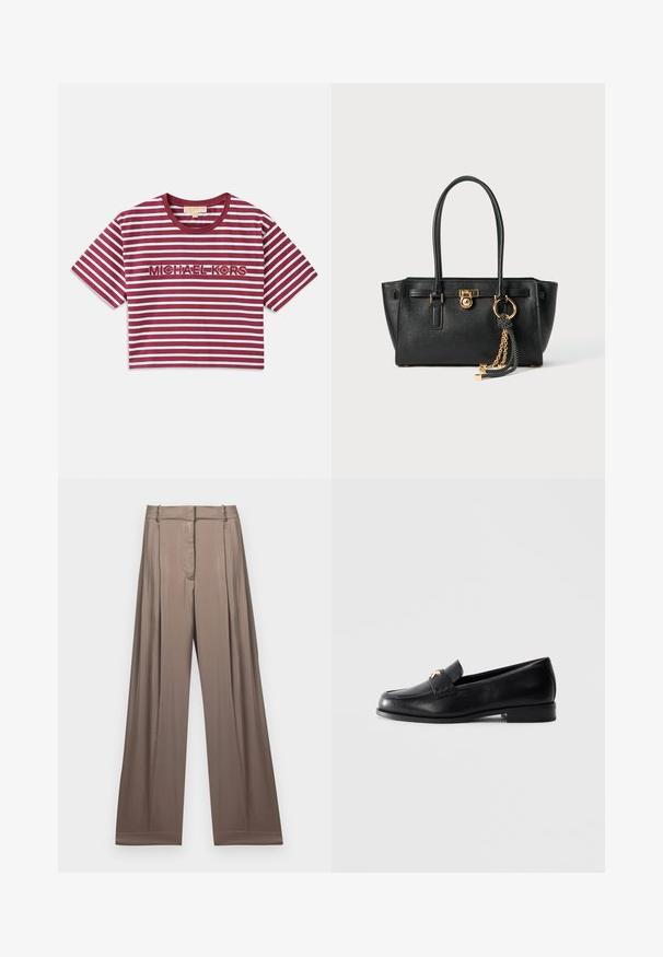 Black knitted turtleneck sweater featuring ribbed accents at the collar, cuffs, and hem; has a relaxed fit and textured surface.; Short-sleeved, cropped t-shirt featuring maroon and white horizontal stripes, with "MICHAEL KORS" embroidered in the center.; Wide-leg trousers in a muted taupe color, made of smooth fabric with a satin finish. Features a tailored waistband and subtle pleats.; Black leather loafer with low heel and gold decorative emblem on the strap, displayed on a plain light gray background.; Black leather handbag with double handles, gold lock and chain detail, and black-and-white tassel accessory against white background.
