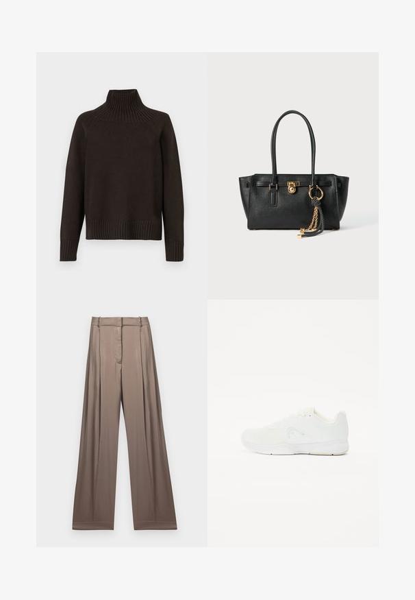 Suéter de gola alta em malha preta com detalhes canelados na gola, mangas e barra; possui um corte relaxado e uma superfície texturizada.; Calças de perna larga numa cor taupe suave, feitas de um tecido liso com acabamento em cetim. Apresentam uma cintura bem ajustada e pregas subtis.; Shoe atlético branco com parte superior em malha, design com atacadores, bico arredondado e sola de borracha texturizada com mínima marcação.; Bolsa de pele preta com alças duplas, fecho dourado e detalhe em corrente, além de um acessório de tassel preto e branco, contra um fundo branco.