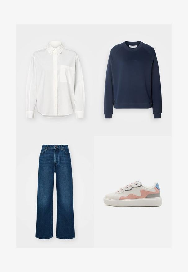 Dunkelblaues Sweatshirt mit langen Raglanärmeln, rundem Halsausschnitt und gerippten Bündchen. Strukturierter Stoff und dezentes Logo auf der Vorderseite.; Weißes Langarmhemd mit Button-Down-Kragen, vorderer Knopfleiste und einer Brusttasche auf der linken Seite. Hergestellt aus glattem Stoff und mit entspannter Passform.; Hochtaillierte, weit geschnittene Jeans in dunkelblauem Denim mit glatter Textur, Kontrastnähten und einem Fünf-Taschen-Design. Verschluss mit einem Frontknopf.; Niedrig geschnittene Sneakers mit einem weißen synthetischen Obermaterial, Akzenten aus rosa und grauem Wildleder, einer strukturierten weißen Gummisohle und bunten Schnürsenkeln.