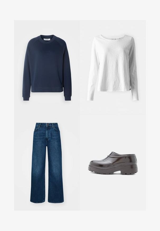 Navy blue sweatshirt with long raglan sleeves, round neckline, and ribbed cuffs. Textured fabric and subtle logo on the front.; Long-sleeve white T-shirt in soft, lightweight fabric; features a round neck and slightly relaxed fit; tag visible on the side.; High-waisted, wide-leg jeans in dark blue denim with a smooth texture, contrast stitching, and five-pocket design. Front button closure.; Brown glossy clogs with a rounded toe, raised seam detailing, and a thick textured sole for enhanced grip and support.