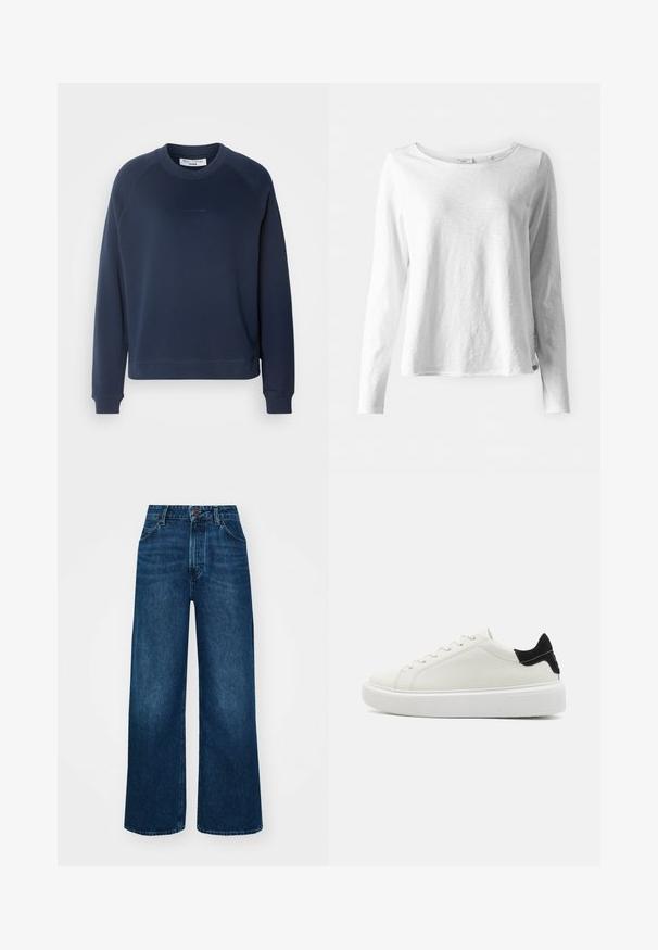 Mørkeblå hettegenser med lange raglan-ermer, rund halslinning og ribbestrikkede mansjetter. Teksturert stoff og subtil logo på forsiden.; Langermet hvit T-skjorte i myk, lett stoff; har rund hals og en litt avslappet passform; merket synlig på siden.; Høyt liv, vide jeans i mørk blå denim med en jevn tekstur, kontrastsøm og fem-lommers design. Frontlukkning med knapp.; Hvit lær sneakers med en teksturert svart semsket hælaksent, flat hvit gummisåle og seks hull for lisser.