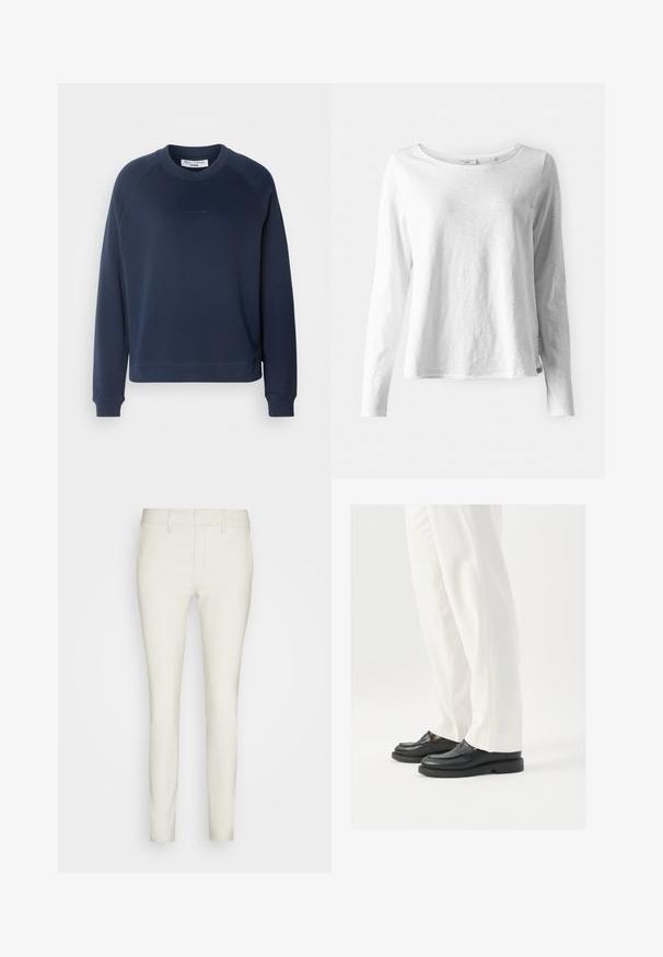 Mørkeblå hettegenser med lange raglan-ermer, rund halslinning og ribbestrikkede mansjetter. Teksturert stoff og subtil logo på forsiden.; Langermet hvit T-skjorte i myk, lett stoff; har rund hals og en litt avslappet passform; merket synlig på siden.; Lysfargede, slim-fit bukser i et glatt stoff med flat front, standardlommer og beltehemper. Totalt glatt og strømlinjeformet design.; Sorte lærloafers med en glat tekstur, syningdetaljer og en rund tå, parret med hvide skræddersyede bukser.