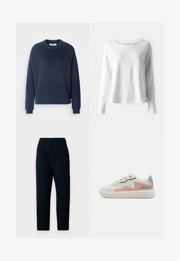 Tamsiai mėlynas džemperis su ilgomis raglaniniomis rankovėmis, apvaliu iškirpimu ir gumbuotais rankogaliais. Raštuotas audinys ir subtilus logotipas priekyje.; Ilgų rankovių balta marškinėlių su apvaliu iškirpimu ir švelnia, lengva medžiaga; šiek tiek laisvas kirpimas; etiketas matomas šone.; Jūrinės elegantiškos kelnės su lygia priekiu, dviem raukšlėmis, standartiniu juosmeniu ir siaurėjančiomis kojomis. Pagamintos iš lygaus audinio su šiek tiek blizgesio.; Žemi sportiniai bateliai su balta sintetine viršutine dalimi, rausvomis ir pilkomis zomšos detalėmis, tekstūruotu baltu guminiu padu ir spalvingomis raišteliais.