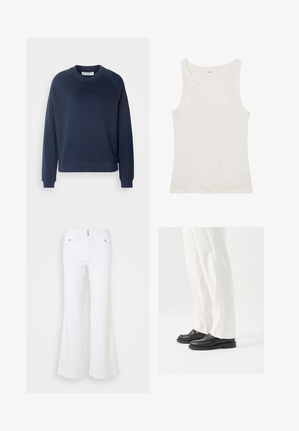 Nautički plavi dukserica s dugim raglan rukavima, okruglim izrezom i rebrastim manžetama. Tekstuirani materijal i suptilni logo sprijeda.; Bijela pamučna majica bez rukava s širokim izrezom i tankim naramenicama. Glatka tekstura bez vidljivih uzoraka ili ukrasa.; Bijele raširene traperice od denima, s visokim strukom, dva prednja džepa i srebrnim gumbima na jednostavnom pozadinskom. ; Crne kožne mokasine s glatkom teksturom, detaljima šivanja i zaobljenim prstima, uparenim s bijelim krojenim hlačama.