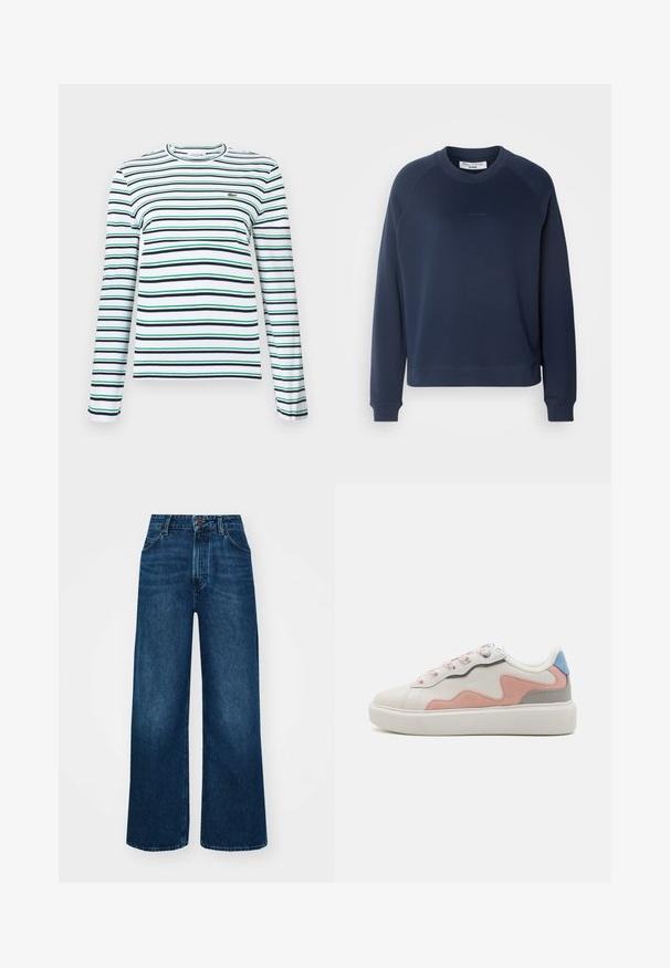 Mørkeblå hettegenser med lange raglan-ermer, rund halslinning og ribbestrikkede mansjetter. Teksturert stoff og subtil logo på forsiden.; Langermet t-skjorte med rund hals i hvitt med horisontale striper i marineblått og grønt. Har en liten brodert logo på brystet.; Høyt liv, vide jeans i mørk blå denim med en jevn tekstur, kontrastsøm og fem-lommers design. Frontlukkning med knapp.; Lave sneakers med en hvit syntetisk overdel, rosa og grå semsket skinndetaljer, teksturert hvit gummisåle og fargerike snørebånd.