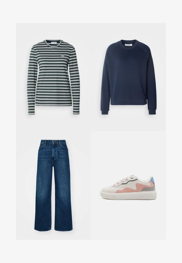 Mornarsko modra majica s kapuco z dolgimi raglan rokavi, okroglo ovratnico in rebrastimi manšetami. Teksturovana tkanina in subtilen logo spredaj.; Majica z dolgimi rokavi in okroglo ovratnikom, temno zelene in bele vodoravne črte. Ima majhen vezen logotip na prsih. Mehka tkanina.; Hlače z visokim pasom in širokimi nogavicami iz temno modrega denima z gladko teksturo, kontrastnim šivanjem in zasnovo s petimi žepi. Sprednje zapiranje na gumb.; Nizki športni copati z belim sintetičnim zgornjim delom, rožnatimi in sivimi usnjenimi detajli, strukturiranim belim gumijastim podplatom ter pisanimi vezalkami.