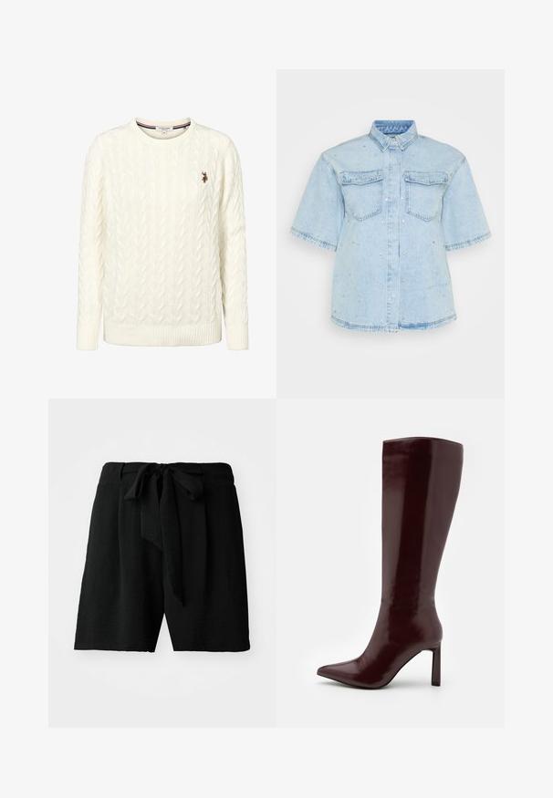 Pull en maille torsadée crème avec col rond et poignets côtelés. Dispose d'un petit logo brodé sur la poitrine gauche.; Chemise en denim bleu clair à manches courtes, dotée de deux poches avant et ornée de petits clous en argent partout.; Shorts noirs en tissu texturé, avec une fermeture à nouer à la taille, et une coupe décontractée, atteignant le milieu de la cuisse.; Even&Odd Bottes - dark red