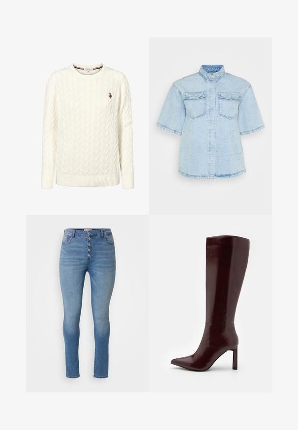 Kremasti džemper s pletenim uzorkom, okruglim izrezom i rebrastim manžetnama. Na lijevoj strani prsa nalazi se mali izvezeni logo.; Svijetloplava traper košulja kratkih rukava, s dvije prednje džepove i ukrašena malim srebrnim zakovicama po cijeloj površini.; ONLY Carmakoma CARHUSH MID BUTTON BOX - Uske traperice - light blue; Even&Odd Čizme - dark red