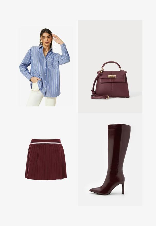 Crèmekleurige kabelgebreide trui met een ronde hals en geribbelde manchetten. Voorzien van een klein geborduurd logo op de linkerborst.; Friends Like These LONG SLEEVE BUTTON THROUGH - Overhemdblouse - blue stripe; Bordeaux plisségordel met een gebreide tailleband met een witte en donkerbordeaux stripe. Zachte textuur, korte lengte.; Even&Odd Laarzen - dark red; Bordeaux lederen handtas met een gestructureerde vorm, een afneembare schouderriem, een bovenhandvat, gouden hardware en een sluiting met een voorste klip.