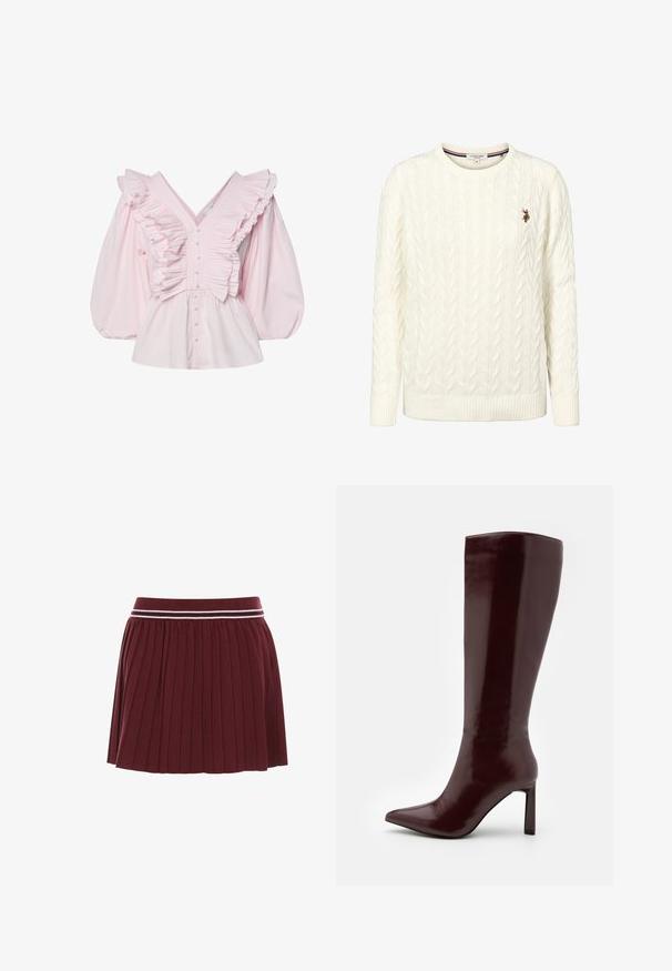 Cream cable-knit sweater with a crew neck and ribbed cuffs. Features a small embroidered logo on the left chest.; Pink cotton blouse featuring a deep V-neck, ruffled detailing along the bodice, and voluminous puffed sleeves with button closure.; Burgundy pleated skirt with a knit waistband featuring a white and dark burgundy stripe. Soft texture, short length.; Even&Odd Boots - dark red