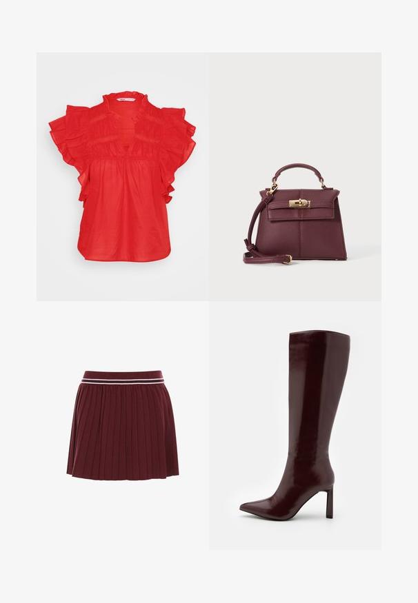 Krémový svetr s copánkovým vzorem, kulatým výstřihem a žebrovanými manžetami. Na levé straně na hrudi má malý vyšitý motiv logo.; Červená blůza s krátkými volány, véčkovým výstřihem a nabíranou strukturou. Vyrobena z lehkého materiálu, má volný střih.; Vínová plisovaná sukně s žebrovaným pasem zdobeným dvěma tenkými bílými pruhy. Texturovaná látka s rozšířeným tvarem.; Even&Odd Vysoká obuv - dark red; Burgundská kožená kabelka se strukturovaným tvarem, odnímatelným popruhem, horní rukojetí, zlatými kovovými prvky a předním uzávěrem.