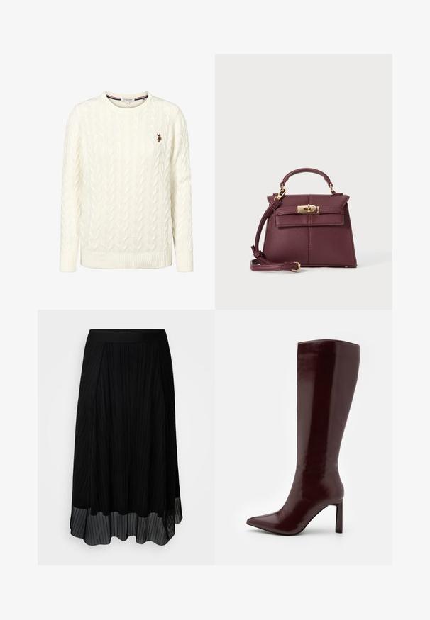 Kreemikas soonikkoes kampsun ümar kaelusega ja soonikkoes mansettidega. Vasakul rinnal väike tikitud logo.; ONLY Carmakoma CARLAVINE ELASTIC SKIRT - A-lõikeline seelik - black; Even&Odd Saapad - dark red; Burgundia nahast käekott, millel on struktureeritud kuju, eemaldatav rihm, pealne käepide, kuldne riistvara ja eesmine lukustus.