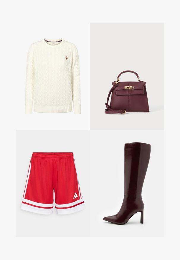 Cream cable-knit sweater with a crew neck and ribbed cuffs. Features a small embroidered logo on the left chest.; Red sports shorts with an elastic waistband, white side stripes, and white accents at the hem. Features the Adidas logo in white.; Even&Odd Boots - dark red; Burgundy leather handbag with a structured shape, detachable strap, top handle, gold hardware, and a front clasp closure.
