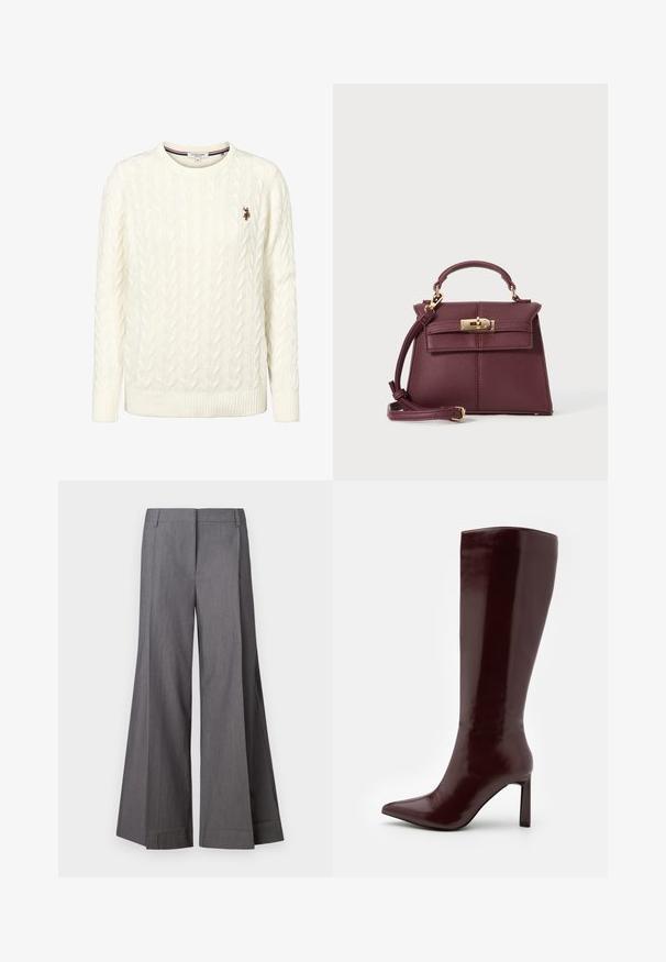 Kreemikas soonikkoes kampsun ümar kaelusega ja soonikkoes mansettidega. Vasakul rinnal väike tikitud logo.; Hallid hallid laiad püksid on valmistatud tekstuuriga kangast, millel on kõrge vöökoht ja eesmine korts. Hemmingud on puhtad ilma lisakatteideta.; Even&Odd Saapad - dark red; Burgundia nahast käekott, millel on struktureeritud kuju, eemaldatav rihm, pealne käepide, kuldne riistvara ja eesmine lukustus.