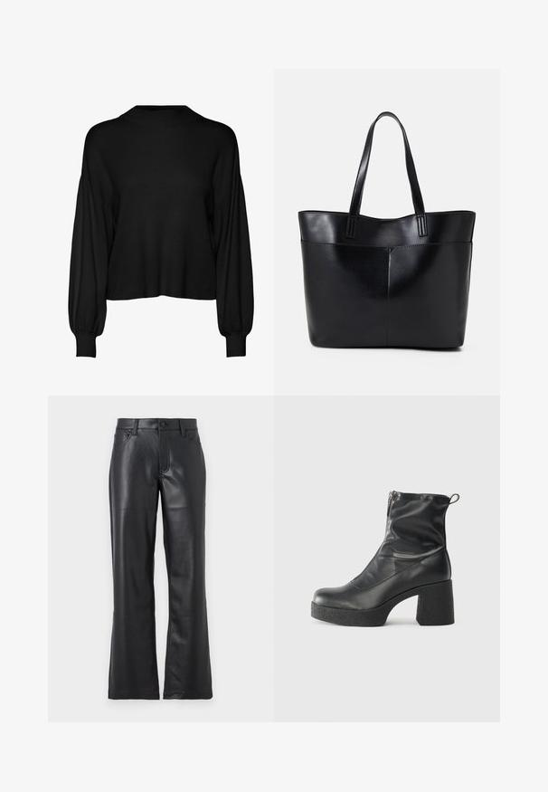Pull noir, court avec des manches longues et volumineuses. Il possède un col haut et une texture côtelée. Fabriqué en matériau tricoté doux.; Pantalon en cuir noir avec un design évasé, doté de poches avant, passants de ceinture et d'une fermeture à bouton. Texture lisse avec des coutures visibles.; Bottes noires à la cheville en cuir lisse, dotées d'une fermeture éclair sur le côté, d'un talon épais texturé et d'une conception à bout rond.; Sac fourre-tout en cuir noir avec deux longues poignées, une texture lisse et une forme structurée. Dispose d'une poche avant pour un rangement supplémentaire.