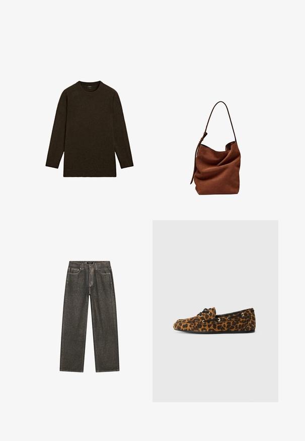 Pull en tricot marron foncé avec un col rond, des manches longues et une coupe décontractée. Texture douce et design minimaliste. Aucun motif visible.; Jean large gris foncé en denim, présentant un design classique à cinq poches, des coutures solides et une fermeture éclair avec un bouton.; Lofers à imprimé léopard avec une texture douce, une forme arrondie, des lacets noirs et des œillets dorés, dotés d'une semelle en caoutchouc plate.; Sac à bandoulière en daim marron avec une forme douce et décontractée, doté d'une longue sangle unique, présentant une texture lisse et subtile sans matériel visible.