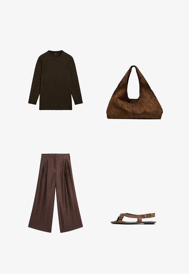 Donkerbruine gebreide trui met een ronde halslijn, lange mouwen en een losse pasvorm. Zachte textuur en minimalistisch ontwerp. Geen zichtbare patronen.; Bruine wijde broek van een gestructureerde stof. Voorzien van plooien aan de voorkant, een knoopsluiting en een hoge taille.; Bruine leren sandaal met een open teen en zijuitsparingen. Voorzien van een enkelband met een metalen gesp en een platte zool.; Bruine suède schoudertas met een open bovenkant. Heeft een diepe, brede vorm, een uitsnijdend handvat en een minimale stiksels voor een strak ontwerp.