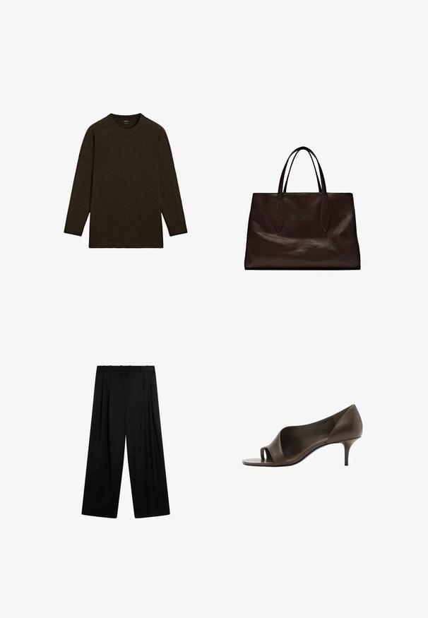 Dunkelbrauner Strickpullover mit rundem Ausschnitt, langen Ärmeln und lässiger Passform. weiche Textur und minimalistisches Design. Keine sichtbaren Muster.; Massimo Dutti DARTED - Stoffhose - black; Braunes Leder-Peeptoe-High-Heel-Schuh mit glatter Textur und schlankem Stiletto-Absatz. Verfügt über ein Ausschnittdesign und eine minimalistische Form.; Massimo Dutti Handtasche - brown