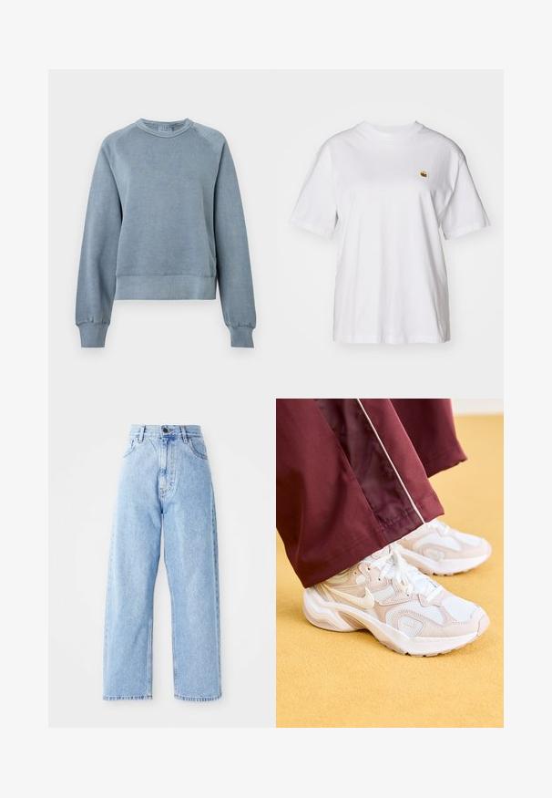 Sweatshirt de algodão azul, com decote redondo, punhos e barra canelados. Apresenta um corte descontraído e mangas raglã, com uma textura suave para maior conforto.; T-shirt branca de algodão com um corte descontraído, mangas curtas e um pequeno logótipo bordado na área do peito esquerdo.; Jeans de ganga azul claro de cintura alta, com pernas largas e retas, fecho frontal por botão e zip e bolsos à frente e atrás.; Nike Sportswear AL8 - Sapatilhas - platinum violet/white/metallic silver