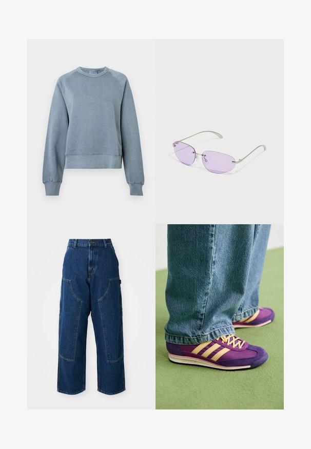 Sweatshirt de algodão azul, com decote redondo, punhos e barra canelados. Apresenta um corte descontraído e mangas raglã, com uma textura suave para maior conforto.; Jeans de lavagem escura, de perna larga e cintura alta, com grandes bolsos frontais e costura em contraste. O tecido tem uma ligeira textura.; Pessoa a usar sapatilhas Adidas roxas e beges com atacadores, de pé sobre um tapete verde, vestindo jeans de ganga azuis que cobrem os topos dos sapatos.; Óculos de sol com lentes ovais roxas, armação de metal e hastes finas. Almofadas de nariz transparentes e marcação discreta na haste.