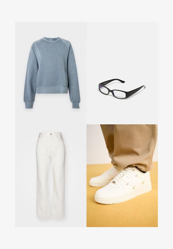 Blå bomull crewneck sweatshirt med ribbestrikkede mansjetter og hem. Har en avslappet passform og raglanermer, med en myk tekstur for komfort.; Hvite denimbukser med høy livhøyde og vid passform. Har knapp og glidelås lukking, beltehekter og subtile sømdetaljer.; Hvite lær sneakers med perforert tå, gyldne detaljer og flate lisser, kombinert med beige bukser på en teksturert gul overflate.; Sorte rektangulære briller med klare linser. Glatt overflate, smale stenger og lilla nyanse synlig på kantene av linsene.