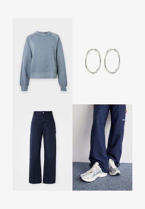 Modrý bavlněný sweatshirt s kulatým výstřihem, ribovanými manžetami a lemem. Má volný střih a raglánové rukávy, s měkkou texturou pro pohodlí.; Námořnické modré široké cargo kalhoty vyrobené z pevné bavlny, s bočními kapsami a zapínáním na knoflík v pase.; Tenisky Nike s vrchní částí ze stříbrné síťoviny, bílými akcenty a texturovanou podrážkou, doplněné o volné námořnické kalhoty.; Stříbrné náušnice ve tvaru kruhu s hladkým, lesklým povrchem. Kulatý tvar, lehký design, se zabezpečovacím mechanismem.