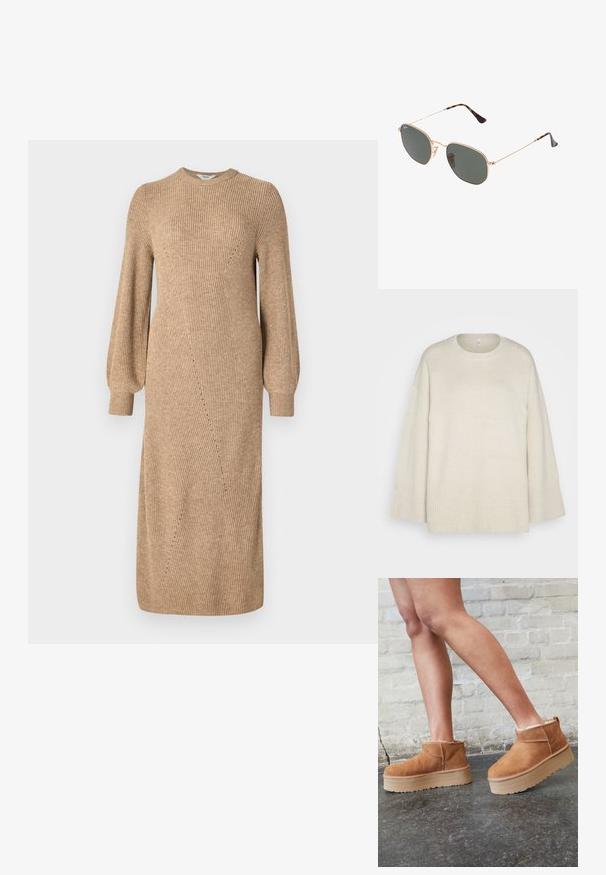 Lys beige sweater lavet af blød strikket stof, med rund halsudskæring, sænkede skuldre og ribbede detaljer ved kanten og ærmerne.; Beige strikket kjole med lange, blussede ærmer, ribbet tekstur og skrå syninger, der når til midten af læggen. Rund halsudskæring og tætsiddende silhuet.; Brune ruskinds ankelsko med en blød foring, tyk beige plattformsål og en bageste løkke. Tekstureret overflade med synlige sømdetaljer.; Guldmetallisk brille med mørkegrønne linser, aviator-stil, med slanke arme og skildpadde-mønstrede detaljer på spidserne.