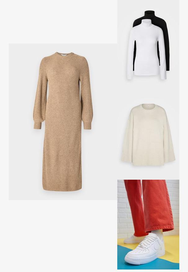 Pull léger beige en tissu tricot doux, avec un col rond, des épaules tombantes et des accents côtelés au bas et aux manches.; Robe en tricot beige avec de longues manches bouffantes, texture côtelée et détails de couture en angle, atteignant le mi-mollet. Encolure ronde et silhouette ajustée.; Deux tops à manches longues en col roulé, l'un blanc et l'autre noir, fabriqués dans un tissu lisse et extensible, tous deux dotés d'une coupe ajustée et de cols hauts.; Baskets blanches en cuir avec une boîte à orteils perforée, semelle texturée et lacets blancs, associées à un large pantalon rouge et un fond bleu et jaune.