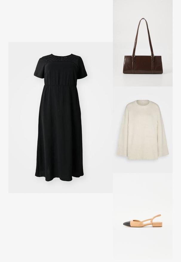 Light beige sweater made of soft knit fabric, with a round neckline, dropped shoulders, and ribbed accents at the hem and sleeves.; Black maxi dress with short sleeves, featuring lace detail at the bodice, round neckline, and a gathered waist for a relaxed fit.; Beige leather slingback flats with a black pointed toe, a small block heel, and crisscross straps on the side. Smooth texture.; Brown patent leather handbag with a rectangular shape, two long handles, and subtle curved accents on the front.