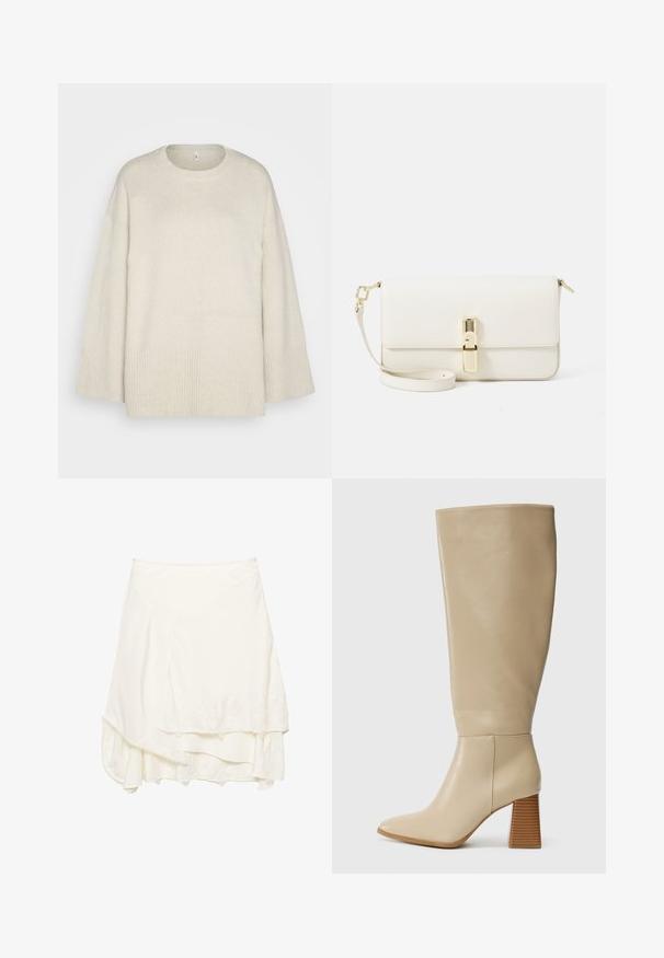 Maglione beige chiaro realizzato in morbido tessuto a maglia, con scollatura rotonda, spalle scese e dettagli a coste sull'orlo e sulle maniche.; Gonna avvolgente bianca con design a strati, caratterizzata da dettagli in pizzo testurizzato lungo l'orlo, tessuto morbido e una silhouette fluida.; Stivale in pelle beige alto fino al ginocchio con punta affusolata, tacco a blocco strutturato e superficie liscia. Dettaglio delle cuciture alla caviglia e al bordo superiore.; Borsa a tracolla bianca in pelle con finitura testurizzata, forma rettangolare, chiusura in metallo dorato e tracolla removibile.