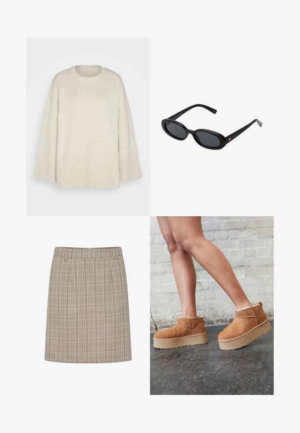 Maglione beige chiaro realizzato in morbido tessuto a maglia, con scollatura rotonda, spalle scese e dettagli a coste sull'orlo e sulle maniche.; Gonna a quadri con una vita aderente, caratterizzata da linee verticali e orizzontali in beige e marrone, realizzata in un tessuto leggero.; Stivali alla caviglia in suede marrone con una fodera morbida, suola platform spessa beige e un'asola posteriore. Superficie testurizzata con dettagli di cucitura ben visibili.; Occhiali da sole neri oversize con lenti ovali, montatura in plastica liscia e accenti dorati sulle tempie. Le lenti scure offrono protezione dal sole.