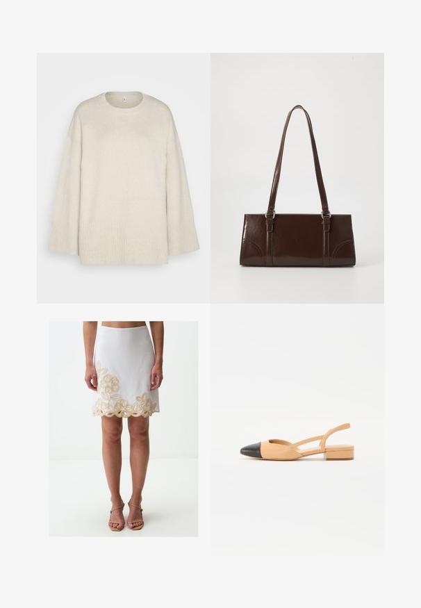 Maglione beige chiaro realizzato in morbido tessuto a maglia, con scollatura rotonda, spalle scese e dettagli a coste sull'orlo e sulle maniche.; Gonna bianca con design floreale ricamato in oro sull'orlo, caratterizzata da una silhouette aderente e un tessuto liscio e strutturato.; Ballerine slingback in pelle beige con punta nera, un piccolo tacco a blocco e fasce incrociate sui lati. Texture liscia.; Borsa in pelle verniciata marrone di forma rettangolare, con due manici lunghi e sottili accenti curvi sul davanti.