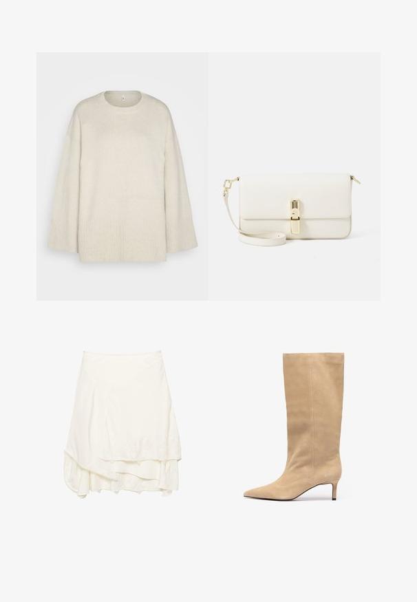 Lys beige sweater lavet af blød strikket stof, med rund halsudskæring, sænkede skuldre og ribbede detaljer ved kanten og ærmerne.; Hvid indpakket nederdel med lagdelt design, der har tekstureret blondedetaljer langs kanten, blødt stof og en svævende silhuet.; Beige ruskind knæhøj støvle med spids tå og en slank hæl. Har lodrette sømme langs skaftet for ekstra detalje.; Hvid læder crossover taske med tekstureret overflade, rektangulær form, guldfarvet lukning og aftagelig rem.