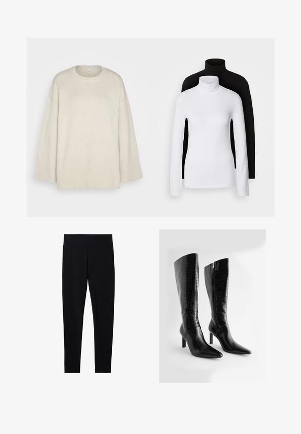 Jasno beżowy sweter wykonany z miękkiej dzianiny, z okrągłym dekoltem, opadającymi ramionami oraz prążkowanymi akcentami na hemie i rękawach.; Dwa długie topy z kołnierzem typu golf, jeden biały, a drugi czarny, wykonane z gładkiego, elastycznego materiału, oba o dopasowanym kroju i wysokich kołnierzach.; Czarne elastyczne legginsy z szerokim, miękkim pasem, o gładkiej fakturze i dopasowanej sylwetce, odpowiednie do różnych aktywności.; Czarne, sztuczne skórzane botki do kolan z fakturą krokodyla, w kształcie spiczastym, na smukłym wysokim obcasie; wyposażone w zamek błyskawiczny z boku.