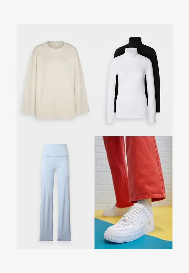 Jasno beżowy sweter wykonany z miękkiej dzianiny, z okrągłym dekoltem, opadającymi ramionami oraz prążkowanymi akcentami na hemie i rękawach.; Dwa długie topy z kołnierzem typu golf, jeden biały, a drugi czarny, wykonane z gładkiego, elastycznego materiału, oba o dopasowanym kroju i wysokich kołnierzach.; Jasnoniebieskie rozszerzane spodnie do jogi z szerokim pasem, gładką fakturą i subtelnym logo marki blisko biodra. Bez wzorów ani elementów metalowych.; Białe skórzane sneakersy z perforowanym czubkiem, teksturowaną podeszwą i białymi sznurowadłami, w połączeniu z szerokimi czerwonymi spodniami na niebiesko-żółtym tle.