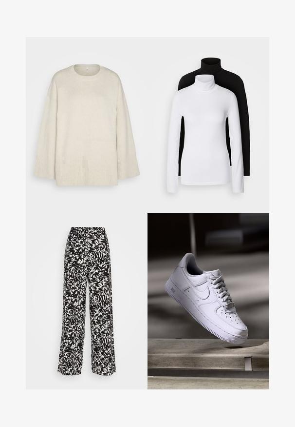 Hele beež svetar, mis on valmistatud pehmest kudumiskangast, ümmarguse kaelusega, langetatud õlgadega ja ribakujuliste detailidega hemmi ja varrukate ääres.; Kaks pikka varrukat turtleneck tippi, üks valge ja teine must, valmistatud siledast, venivast kangast, mõlemad slim-fit disainiga ja kõrgete kraedega.; Laiad püksid, millel on must-valge abstraktne muster. Valmistatud kergetest kangast, millel on sile tekstuur ja kõrge vöödisain.; Valge Nike Air Force 1 toss, mis hõljub betoonpinna kohal, varjud minimalistlikus keskkonnas.