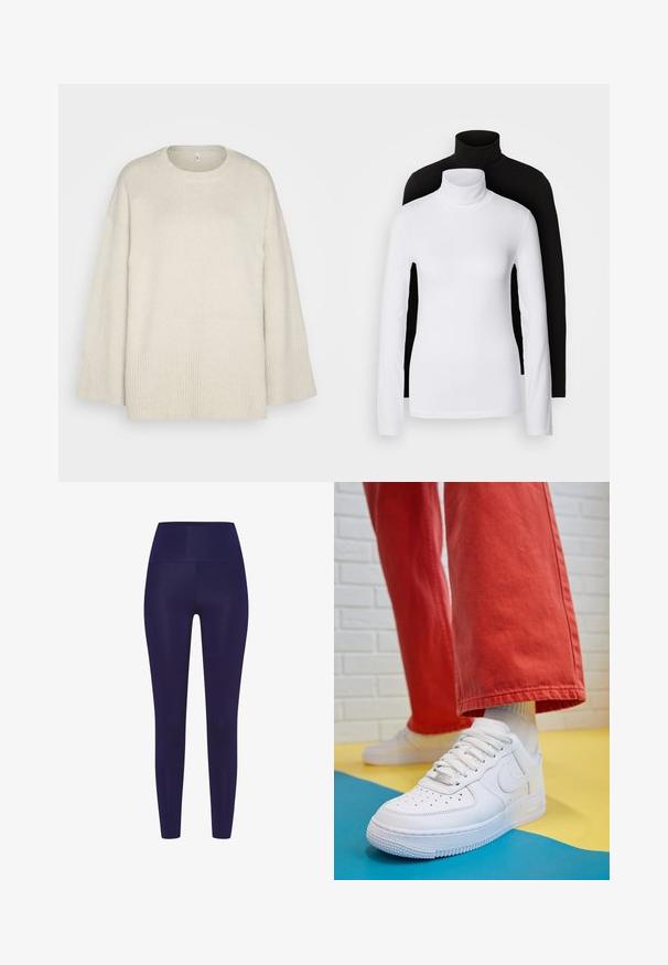 Svetle béžový svetr vyrobený z měkké pleteniny, s kulatým výstřihem, spadlými rameny a žebrovanými detaily na lemu a rukávech.; Dvě dlouhé rolákové topy, jeden bílý a jeden černý, vyrobené z hladkého, elastického materiálu, oba s přiléhavým střihem a vysokými límci.; Tmavě modré legíny s vysokým pasem, vyrobené z hladkého, elastického materiálu. Design obsahuje těsně přiléhavý střih bez vzorů.; Bílé kožené tenisky s perforovanou špičkou, texturovanou podešví a bílými tkaničkami, v kombinaci s širokými červenými kalhotami a modro-žlutým pozadím.