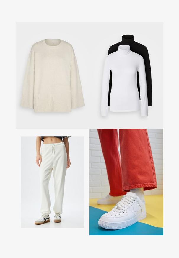 Vaaleanbeige neulepaita, joka on valmistettu pehmeästä neulekankaasta. Siinä on pyöreä kaulus, rosoiset olkapäät ja ribbireunat helmassa ja hihoissa.; Kaksi pitkähihasta turtleneck-paitaa, yksi valkoinen ja yksi musta, valmistettu sileästä, joustavasta kankaasta. Molemmissa on kapean muotoinen malli ja korkea kaulus.; Valkoiset, löysät collegehousut, joissa on joustava vyötärönauha ja nilkkapitsit, valmistettu pehmeästä kankaasta. Yhdistetty valkoisiin ja harmaisiin lenkkareihin.; Valkoinen nahkakengät, joissa on rei'itetty varvasosa, teksturoitu pohja ja valkoiset nauhat, yhdistettynä leveisiin punaisiin housuihin ja sinikeltaiseen taustaan.