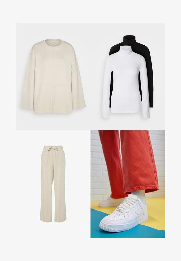 Lichtbeige sweater van zachte gebreide stof, met een ronde halslijn, verlaagde schouders en ribbelaccenten aan de zoom en mouwen.; Twee lange mouwen turtleneck tops, één wit en één zwart, gemaakt van een gladde, rekbare stof, beide met een slank passend ontwerp en hoge kraag.; Lichtbeige linnenbroek met een relaxte pasvorm, voorzien van een elastische tailleband en verstelbaar trekkoord, rechte benen en een zachte textuur.; Witte leren sneaker met geperforeerde teenbox, gestructureerde zool en witte veters, gecombineerd met wijde rode broeken en een blauw-geel achtergrond.