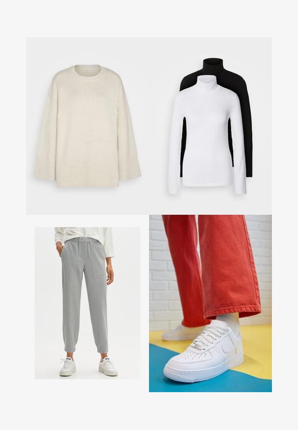 Helle beigefarbene Strickjacke aus weichem Strickmaterial, mit runder Ausschnittform, überschnittenen Schultern und Rippdetails am Saum und an den Ärmeln.; Zwei langärmelige Rollkragenoberteile, eines weiß und eines schwarz, aus einem glatten, dehnbaren Stoff, beide mit schmalem Schnitt und hohem Kragen.; OPUS MYHA - Stoffhose - hazy fog melange; Weiße Leder-Sneaker mit perforiertem Zehenbereich, strukturiertem Sohlen und weißen Schnürsenkeln, kombiniert mit weiten roten Hosen und einem blauen und gelben Hintergrund.