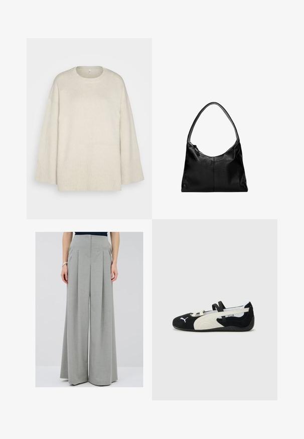 Lichtbeige sweater van zachte gebreide stof, met een ronde halslijn, verlaagde schouders en ribbelaccenten aan de zoom en mouwen.; Twee lange mouwen turtleneck tops, één wit en één zwart, gemaakt van een gladde, rekbare stof, beide met een slank passend ontwerp en hoge kraag.; Lichtgrijze, hooguwde wijde broek met plooien, gemaakt van een gestructureerde stof met een gladde afwerking, ontworpen voor een perfect passende snit.; Zwarte en crèmekleurige ultralichte schoen met een leren bovenkant, platte zool, elastische banden en een klein logo op de teen.; Zwarte leren schoudertas met een gladde textuur, een gebogen bovenkant en een enkele schouderband. Voorzien van een ritsluiting en een minimalistisch design.