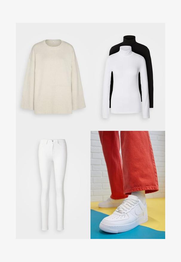 Svetlo bež pulover iz mehkega pletenega materiala, z okroglo izjemo, spuščenimi rameni in rebrastimi detajli na robu in rokavih.; Dva dolge rokave turtleneck majice, ena bela in ena črna, izdelani iz gladkega, raztegljivega materiala, oba imata slim-fit kroj in visoke ovratnike.; Bele skinny jeans iz raztegljive mešanice bombaža, ki imajo sprednje žepe, zadrgo in en gumb za zapiranje.; Beli usnjeni športni čevlji s perforiranim prstnim delom, teksturiranim podplatom in belimi vezalkami, v kombinaciji s širokimi rdečimi hlačami in modro-rumeno ozadje.