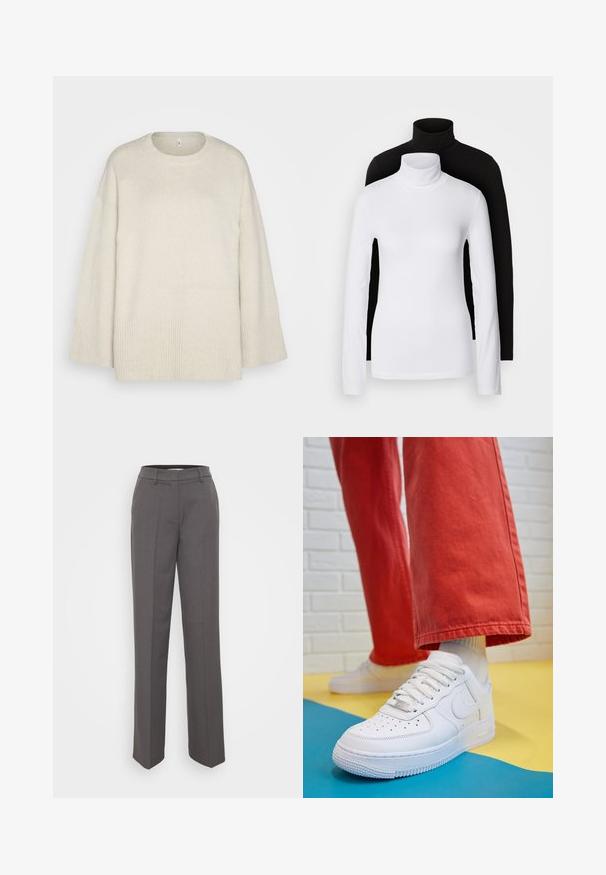 Ljus beige tröja gjord av mjukt stickat tyg, med rund halsringning, sänkta axlar och ribbade detaljer vid nederkant och ärmar.; Två långärmade polotröjor, en vit och en svart, tillverkade av ett mjukt, elastiskt material, båda med en slim-fit design och höga kragar.; Grå skräddarsydda byxor med rak bendesign, bältesöglor och en mjuk textur. Inga synliga mönster eller utsmyckningar.; Vita lädersneakers med perforerat tåparti, texturerad sula och vita snören, kombinerat med vida röda byxor och en blå och gul bakgrund.